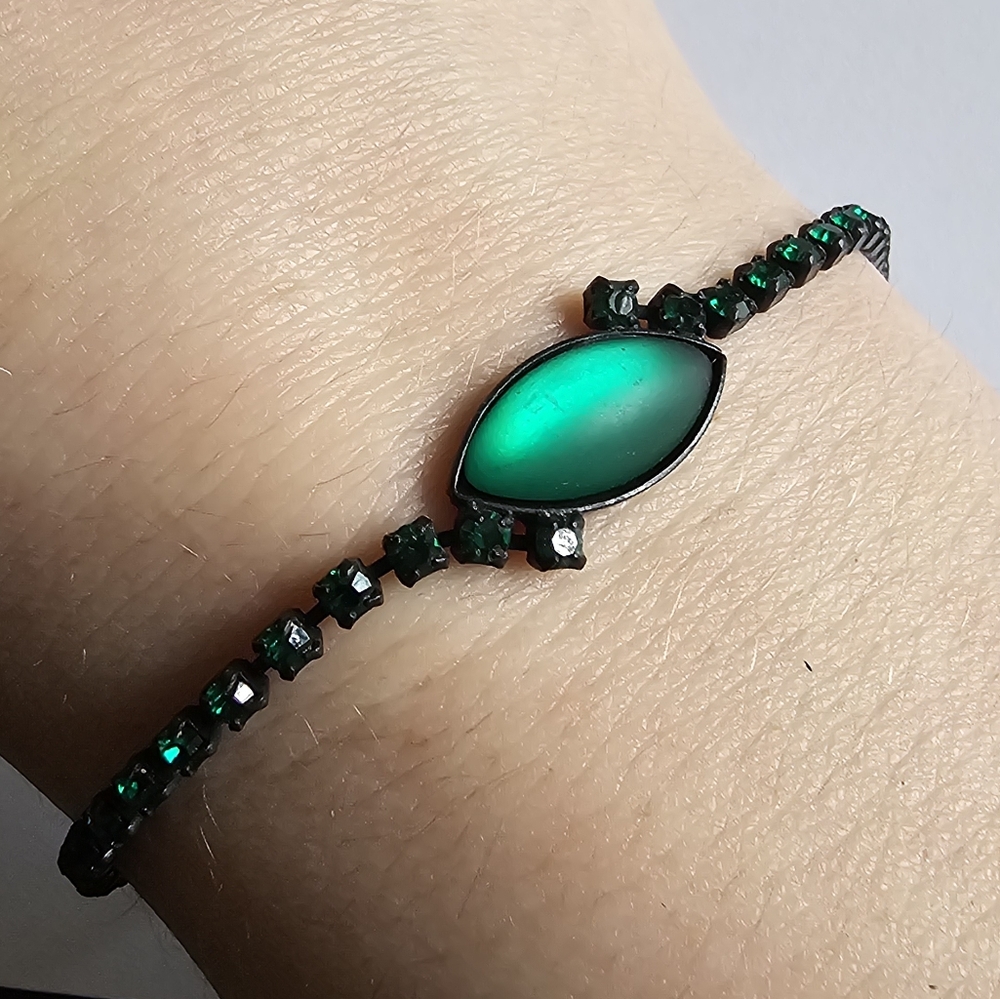Vintage green rhinestones bracelet black metal dainty retro Japanned prom formal
